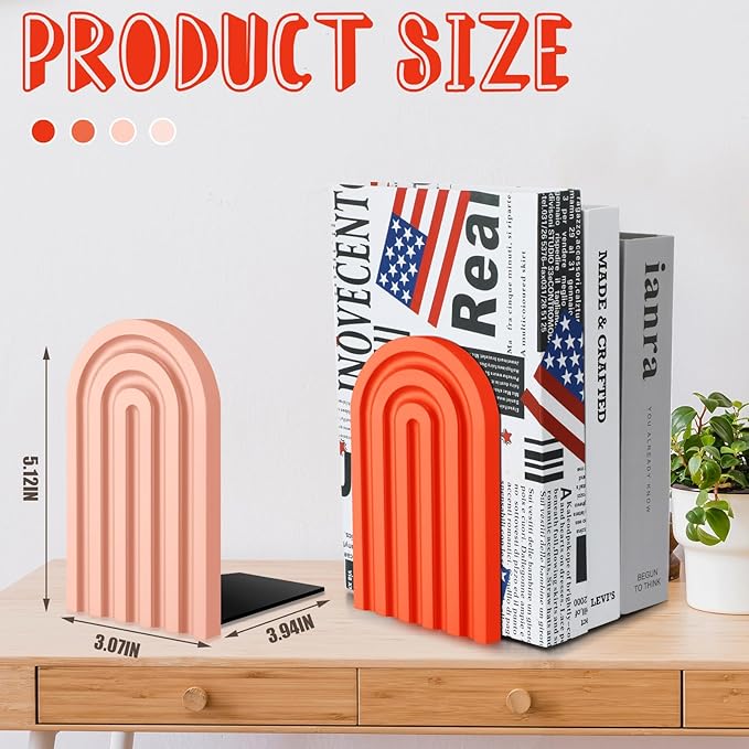 Harloon 4 Pieces Boho Arch Wood Bookends Rainbow Arch Back to School Gift Ideas Non Skid Bookend Decorative Wooden Book Stand Book Stoppers for Books Movies CDs(Vintage Color)