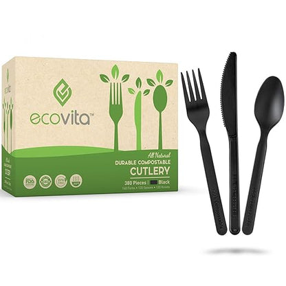 100% Compostable Forks Spoons Knives Cutlery Combo Set - 380 Large Disposable Utensils (7 in.) Eco Friendly Durable and Heat Resistant Alternative to Plastic Silverware with Convenient Tray