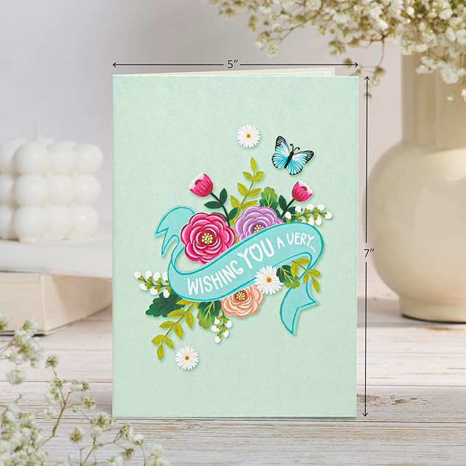 Happy Birthday Pop Up Card, Flowers and Butterflies, Floral 3D Greeting Card, Gift for Mom, Sister, Women, Grandma, Stepmother, Aunt, Daughter, 5x7 - Includes Envelope And Message Note