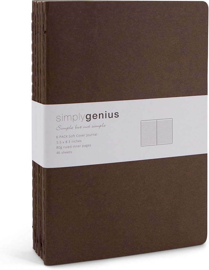 Simply Genius A5 Notebooks for Work, Travel, Business, School & More - College Ruled Notebook - Softcover Journals for Women & Men - Lined Note Books with 92 pages, 5.5" x 8.3" (Brown, 6 pack)