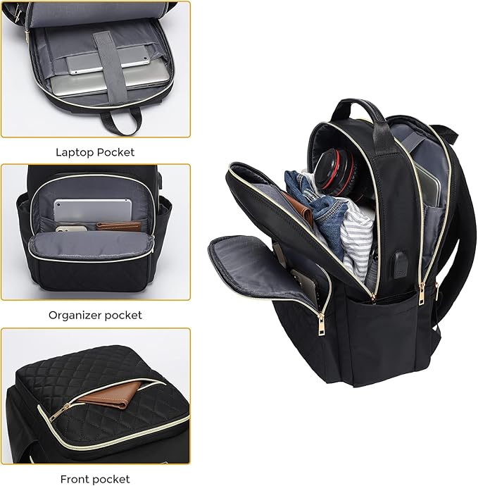 Modoker 15.6 Inch Laptop Backpack, Quilted Work Backpack for Women Bookbag Teacher Backpack with USB Charging Port, Travel Backpack Purse for Women Nurse, Black
