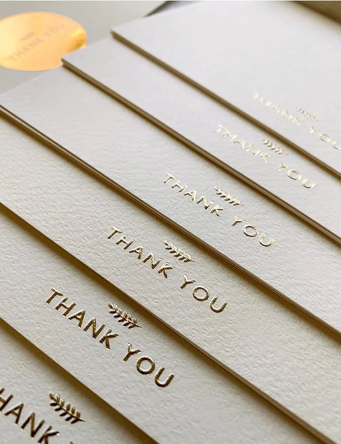 (36 Pack) RUN2PRINT Thank You Cards With Envelopes & Gift of 36 Foiled Stickers - Elegant Emboss Rose Gold Foil Pressed Blank Notes Wedding All Occasion Cards (Ivory)