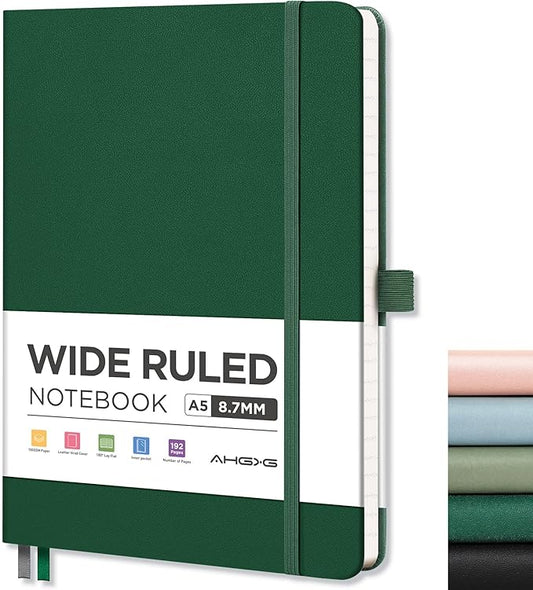 AHGXG Wide Ruled Notebook for School - Lined Journal for Women Men, 192 Numbered Pages, 100 GSM Thick Paper, A5 Hardcover Leather Notebook for Work, Writing, 5.7"×8.3" - Green