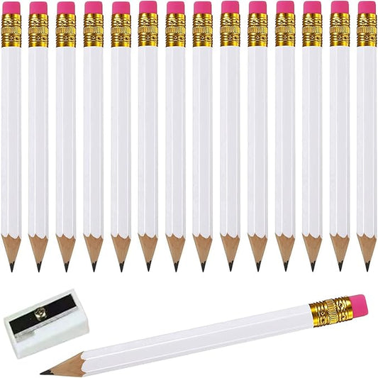 Adhere 25pcs Golf Pencils with eraser Hexagon Wooden Pencils Graphite 2B for Golf Event Scoring,Classroom,Wedding,Company Meetings,Pew, Pocket (white)