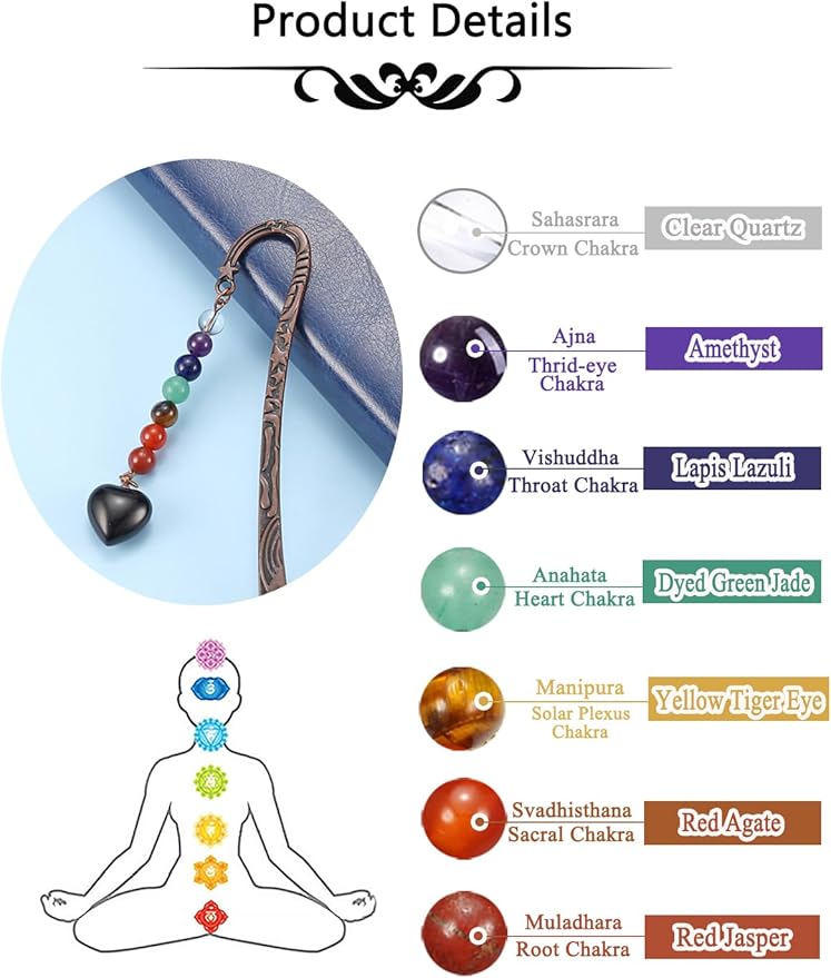 CrystalTears Crystal Metal Bookmark Chakra Heart Healing Crystals Bookmarks Inspiration Bookmark Gifts for Women Mum Teacher Student Girls Graduation Book Lover Writer Reader