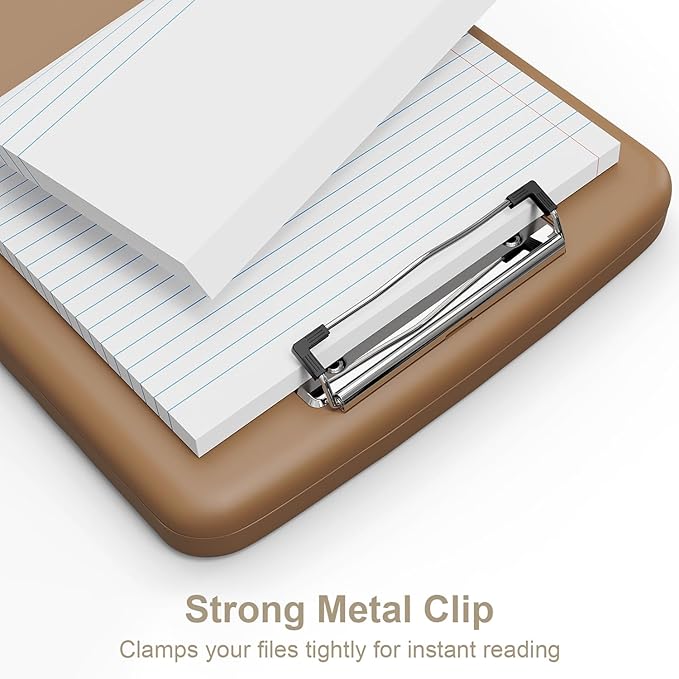 Piasoenc Clipboard with Storage, 8.5 x 11 Organization Box with Pen Holder and A4 Legal Paper Folder, Heavy Duty Plastic, Folio & Side-Opening, Low Profile Clip, for Nurses, Teachers, Brown