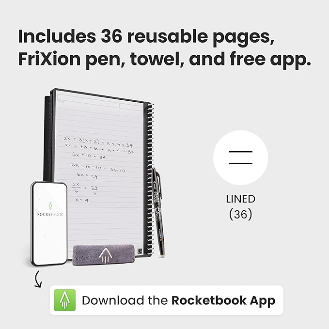 Rocketbook New Core Reusable Spiral Notebook, Executive Size 6x8.8, Navy Blue - Lined Pages, App-Connected, Erasable, Durable Cover, Ideal for School, Work, and Creative Projects (Pack of 1)