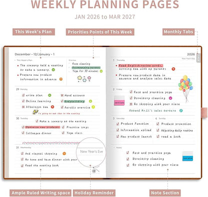 AHGXG 2026 Planner, Weekly and Monthly, Large A4 8.5"x11", Planner 2026-2027, Calendar 15-Months Jan 2026 - Mar 2027, Vegan Leather Softcover, Inner Pocket, Rose Gold