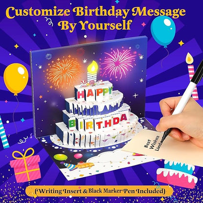 3D Pop-Up Birthday Card with LED Lights & Blowable Candle – Interactive Music Greeting Card for Women, Men, Kids Blue