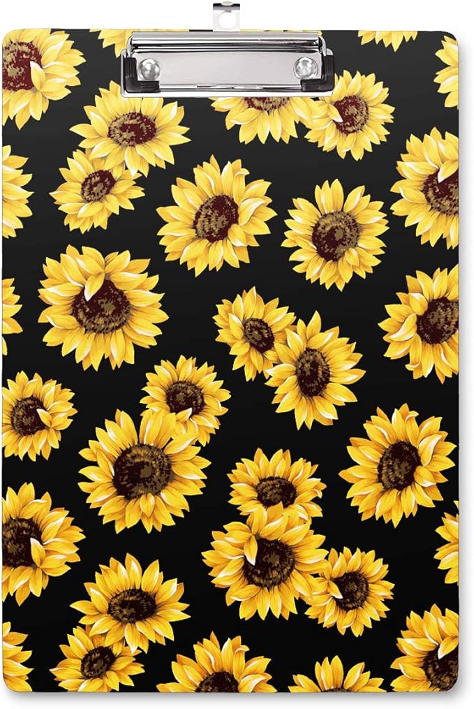 WAVEYU Clipboard, Cute Clipboard for Office, Decorative Clipboard with Low Profile Clip Design for Women Girl, Retractable Key Hole for Hanging Paperboard for Office School 12.5''x 9'', Sunflower