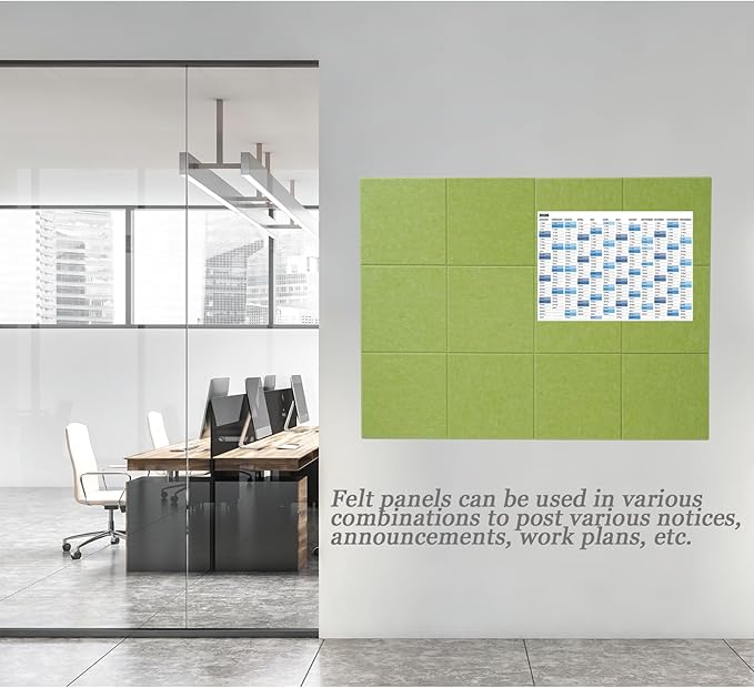 LAJAR Large Felt Wall Tiles, 12 Pack Cork Board Alternative with Removable Adhesive Tabs, Bulletin Pin Boards for Office, School and Home (Fruit Green)