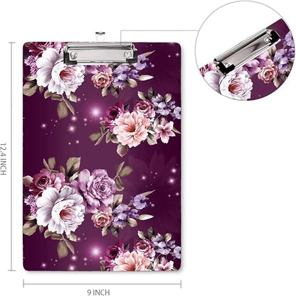 WAVEYU Letter Size Clipboard, Cute Decorative Clipboard with Low Profile Clip for Students Nurse Flower Clipboard Designed for Office School, Purple Flower (12.5"x9")