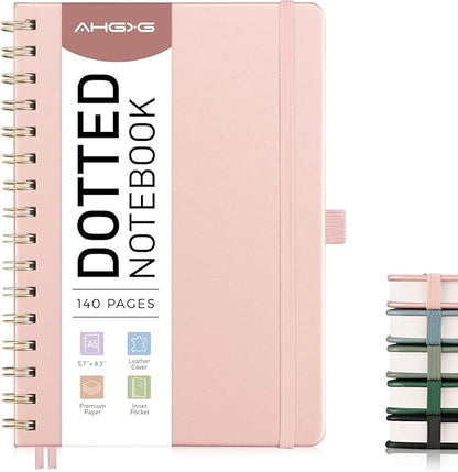 AHGXG Bullet Dotted Journal Spiral Notebook 8.5" x 11", Large A4 Leather Hardcover Dotted Notebook, 100 GSM Thick Dot Grid Paper, Inner Pocket, for Bullet Journaling, Rose Gold