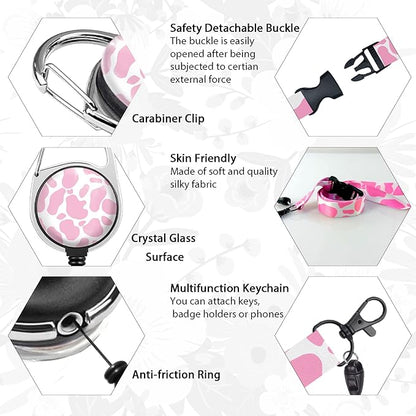 Cute Cow Badge Reel Retractable Heavy Duty with 360 Degrees Rotate Carabiner Clip, ID Badge Holder with Detachable Lanyard, ID Holder ID Clip Name Badge Keychain, Nurse Teacher Offfice Gifts