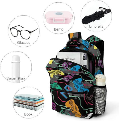 Fiokroo Colorful Game Joysticks Backpack School Bag For Students Teens Men Women Gamer Gamepad Laptop Backpacks Travel Daypack Bag With Multiple Pockets