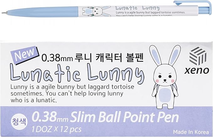 ZEESOON Xeno Lunatic Lunny 0.38mm Slim Ball Point Pen Dozen Box 12 Pcs, Made in Korea (Blue 12pcs)
