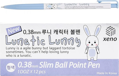 ZEESOON Xeno Lunatic Lunny 0.38mm Slim Ball Point Pen Dozen Box 12 Pcs, Made in Korea (Blue 12pcs)