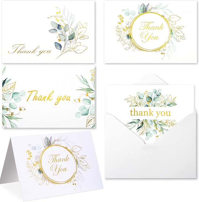 100 Bulk Thank You Cards with Envelopes White and Greenery Gold Foil – Floral watercolor Cards Thank You Notes with Envelopes and Eucalyptus leaves for Wedding Bridal Baby Shower Graduation Fune