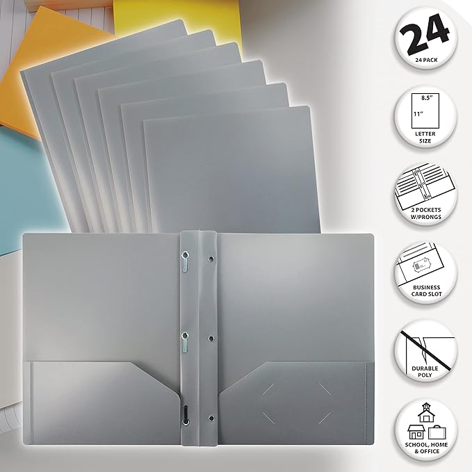 Better Office Products Gray Plastic 2 Pocket Folders with Prongs, 24 Pack, Heavyweight, Letter Size Poly Folders with 3 Metal Prongs Fastener Clips, Gray