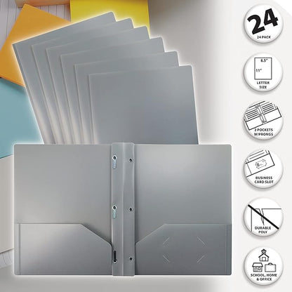 Better Office Products Gray Plastic 2 Pocket Folders with Prongs, 24 Pack, Heavyweight, Letter Size Poly Folders with 3 Metal Prongs Fastener Clips, Gray
