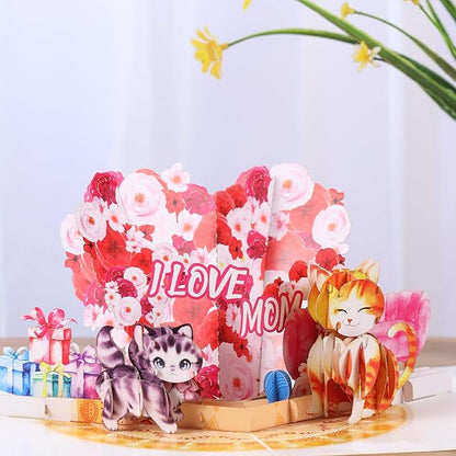 I Love You Mom Pop Up Valentines Day Card, Happy Birthday Pop Up Card For Mom, 3D Cat Mom & Floral Heart Shaped, Mother’s Day Love Card, Ideal Gift for Mom, Mother, Godmother, Stepmom, Mother In Law