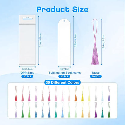 Sublimation Bookmark Blank Double Sided - 30Pcs Metal Bookmark Blanks Bulk + 30 Colors Bookmark Tassels, Bookmark Making Kit, for DIY Bookmarks, Book Lovers, Crafts, Reading Gifts