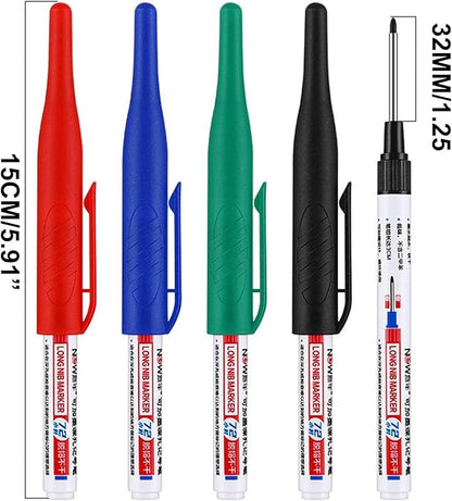 4 Pcs Multi Purpose Deep Hole Marker Pens,Long Nib Head Marker Waterproof Colorful Carpenter Pen for Bathroom Woodworking Decoration,Red Black Blue Green Ink Permanent Markers Marker Pens (Red)