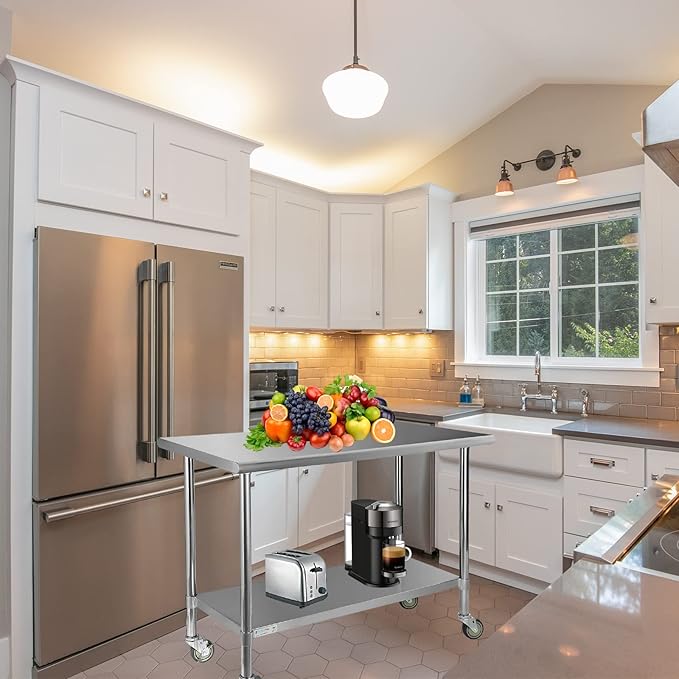 STABLEINK Stainless Steel Table with Caster Wheels 24 x 60 Inches, NSF Commercial Prep & Work Table with Adjustable Undershelf and Table Foot, for Commercial Kitchen, Restaurant, Hotel and Garage