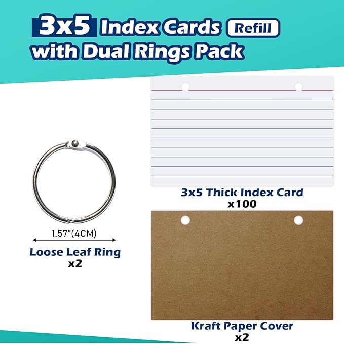 Olivo Index Card Binder Refills, White 3x5 Lined Index Cards with Ring, 2 Holes Punched, 100 Count