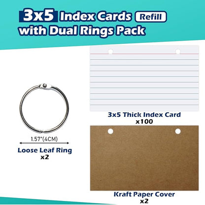 Olivo Index Card Binder Refills, White 3x5 Lined Index Cards with Ring, 2 Holes Punched, 100 Count
