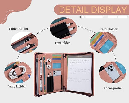 Business Vegan Leather Folder with Clipboards, Portfolio Binder Organizer, Business Portfolio for Men/Women, Zipper Portfolio Notebook, Binder with clipboard, Personalized Gift for Friends, Pink