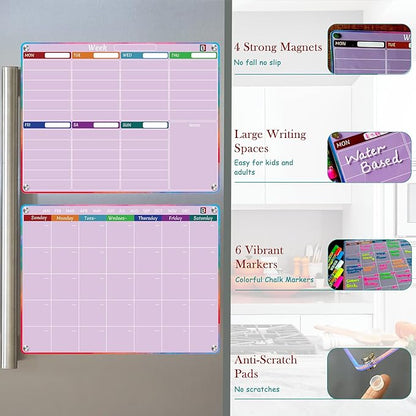Pink Fridge Calendar - Acrylic calendar for fridge - 2 PCS Magnetic calendar for refrigerator | Monthly Planner, Weekly Planner with Removable template - 6 Dual Tip Vibrant Chalk Markers.