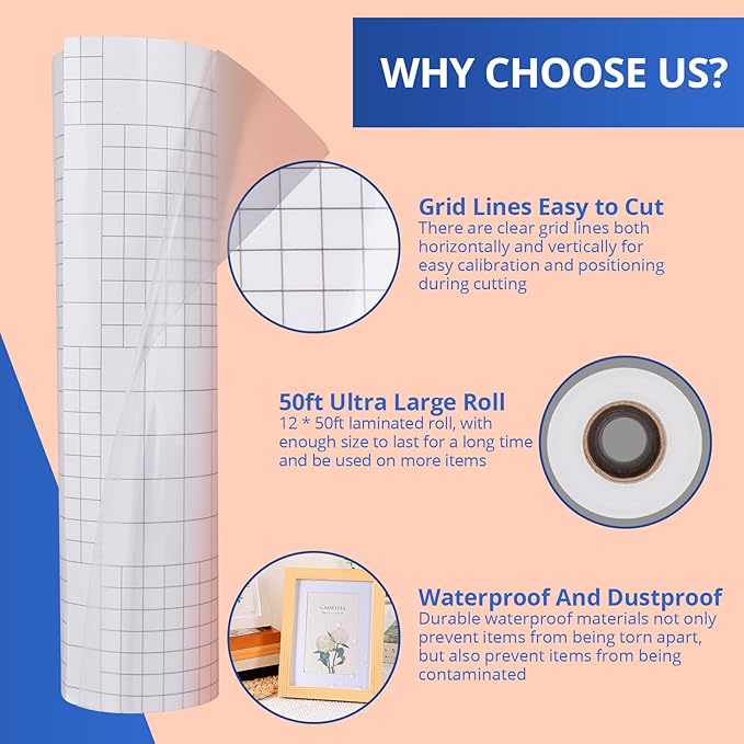 HTVRONT Clear Self-Adhesive Laminating Vinyl Roll-12 x50FT Non Thermal Laminating Film,No Machine Needed Clear Vinyl Laminate for Stickers