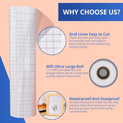 HTVRONT Clear Self-Adhesive Laminating Vinyl Roll-12 x50FT Non Thermal Laminating Film,No Machine Needed Clear Vinyl Laminate for Stickers