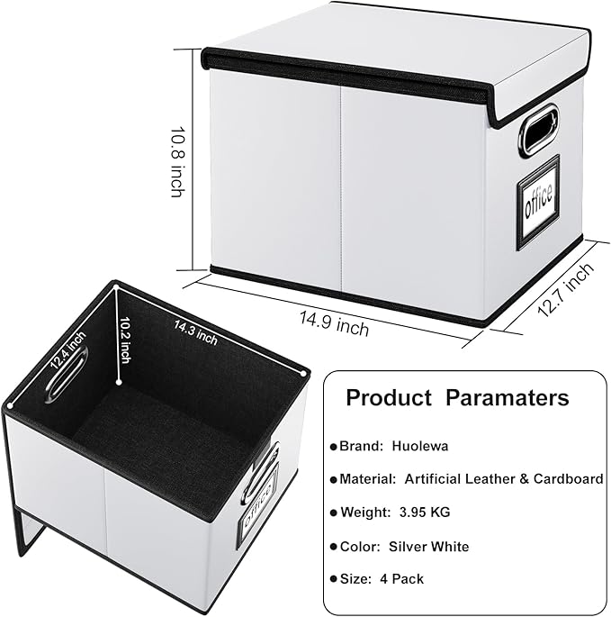 Huolewa Upgraded Portable Leather File Organizer Boxes with Lids, Office Document Boxes Organizer, Filing Boxes, Decorative Small File Boxes for Hanging Files, File Cabinet for Office/Home - 4 Pack