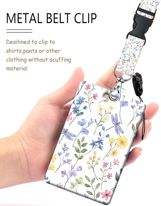 ID Badge Holder with Retractable Lanyard and Keychain, Badge Reel with Rotate Carabiner Clip,Dragonfly Meadow Card Name Tag Lanyard ID Protector Bage Clips for Student, Women, Office