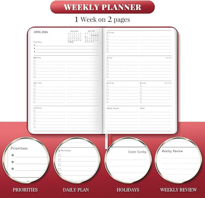 2026 Planner, Weekly and Monthly Planners, Faux Leather Daily Calendar 2026 Planner, 12 Month Agenda from Jan. to Dec., Hardcover Habit Tracker Journal 5.75" x 8.4"(Red)