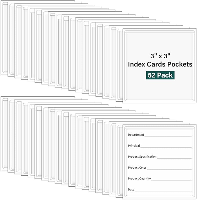 52 Pack Index Card Pockets with Top Open, 3 x 3 Inch Adhesive Label Pockets Clear Plastic Index Card Holder for Organizing, Storage Bins, Library Cards, Notes