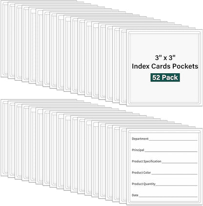 52 Pack Index Card Pockets with Top Open, 3 x 3 Inch Adhesive Label Pockets Clear Plastic Index Card Holder for Organizing, Storage Bins, Library Cards, Notes
