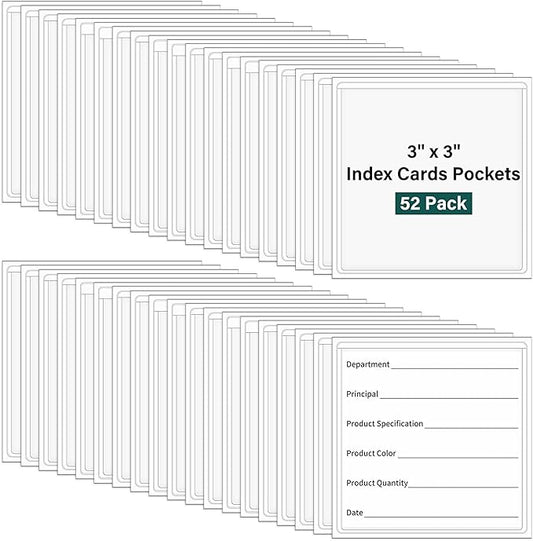 52 Pack Index Card Pockets with Top Open, 3 x 3 Inch Adhesive Label Pockets Clear Plastic Index Card Holder for Organizing, Storage Bins, Library Cards, Notes