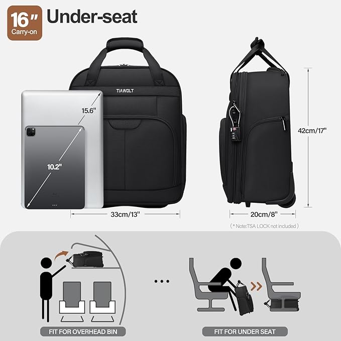 Multi-functional 16-Inch Underseat Carry on Luggage With Wheels Softside Lightweight Compact Travel Business Suitcase bag for Pilots and Crew,Black