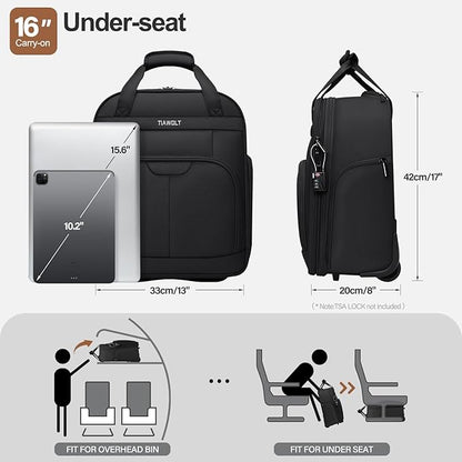Multi-functional 16-Inch Underseat Carry on Luggage With Wheels Softside Lightweight Compact Travel Business Suitcase bag for Pilots and Crew,Black