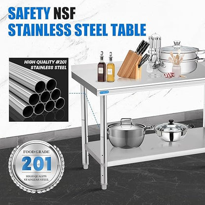 Stainless Steel Table for Prep & Work with Backsplash 24 x 48 Inches NSF Metal Commercial Kitchen Adjustable Under Shelf Worktable for Restaurant Home Outdoor
