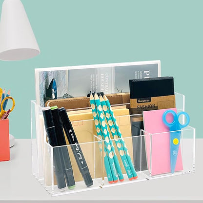 Mail Organizer, Mail Holder with 5 Slots, Modern Mail Sorter Basket for Countertop, Acrylic Desktop Bill Letter Envelope Holder, Clear