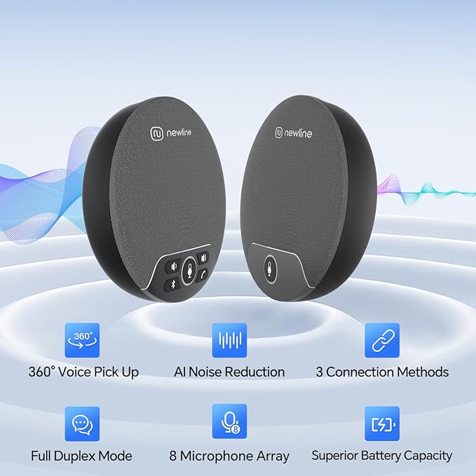Conference Speaker and Microphone, 2pk Bundle Conference Microphone w/Daisy Chain, 360° Voice Pickup, Noise Reduction, Bluetooth Speakerphone for Large Meetings Team Zoom, NewPie 90