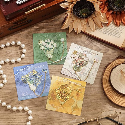 4 Pieces Metal Bookmarks with Tassel, Golden Hollow Bookmark Monet Van Gogh Oil Painting Theme Book Mark Bookmarks for Book Lovers Writers Readers Children Teens for Women