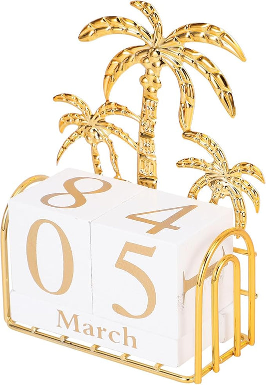 SUPVOX Wooden Block Calendar for Desk Daily Desktop Perpetual Calendar Wood Month Date Display Blocks Farmhouse Desk Accessories for Home Office Decor Reusable Yearly Coconut Tree Design