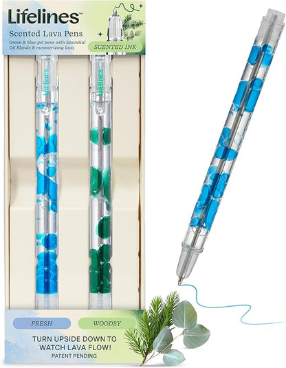 Lifelines Scented Lava Gel Pen Set, 2-Pack (Blue & Green) - 0.7mm Colored Gel Pens Infused with Scented Essential Oil Blends & Mesmerizing Lava - School Supplies for College Kids & Adults