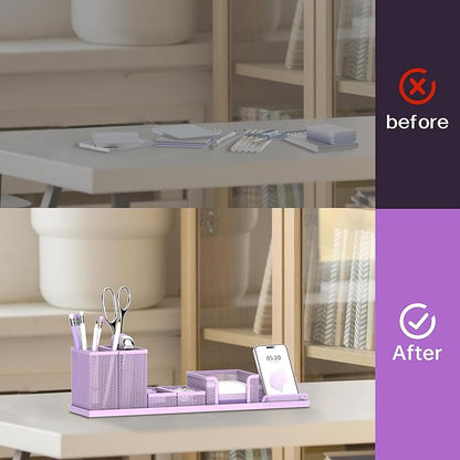 SUPEASY Pen Holder for Desk, 6 Piece Mesh Desk Organizer set, Desk Accessories for Office Organization with Mail Organizer, Letter Phone Holder, Sticky Notes Caddy Storage, Purple