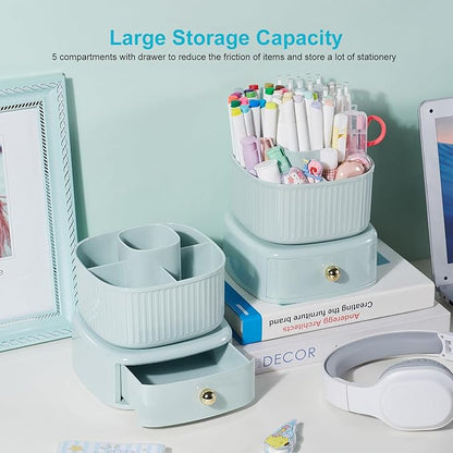 360 Degree Rotation Pencil Holder 5 Slots Pencil Holder with Drawer for Desk Makeup Brush Holder Desktop Organizer Storage Box Light Green